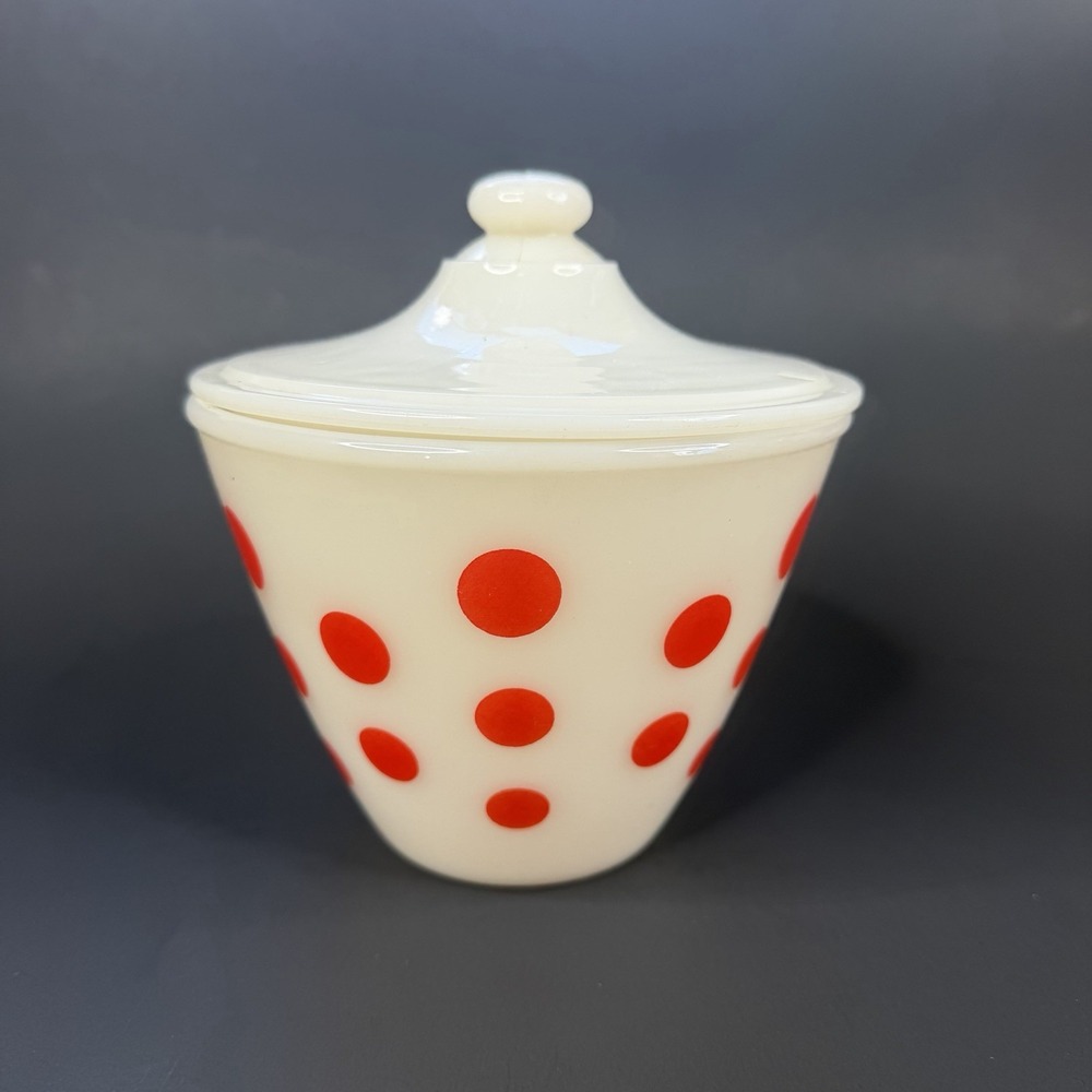 Vtg Anchor Hocking Fire King IVORY RED Polka DOT GREASE JAR & LID MCM USA